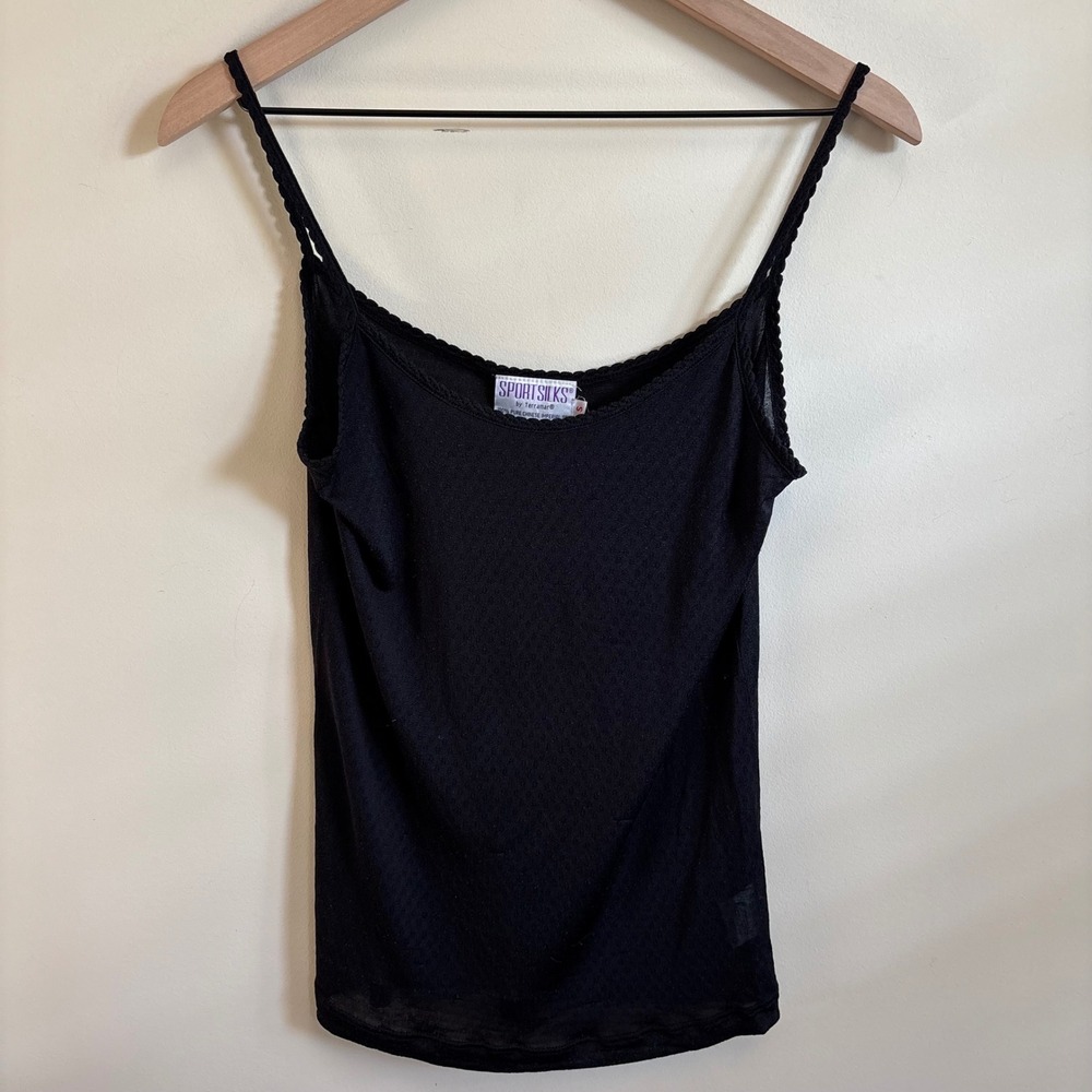 SportSilks by Terramar Black 100% Pure Silk Pointelle Camisole Tank Top Small